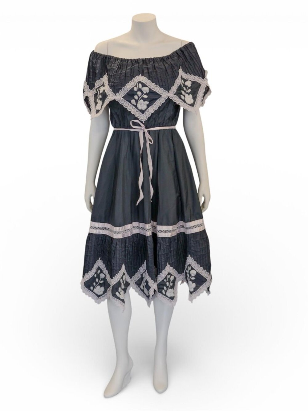 Authentic 1970s Mexican Black Off-Shoulder Handkerchief Hem Dress * S/M